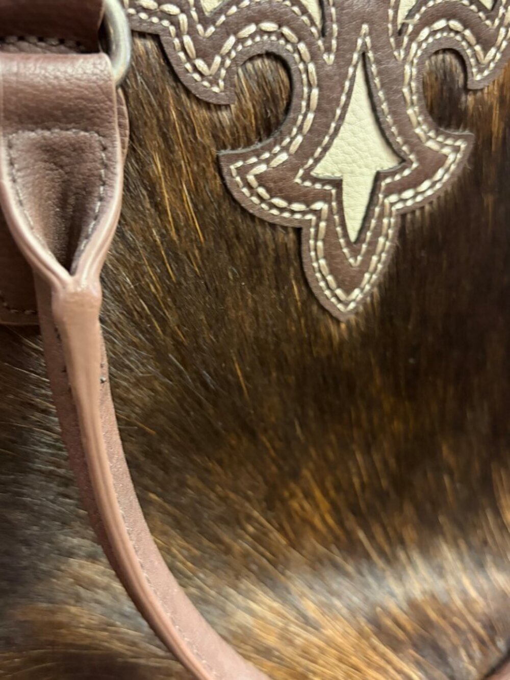 Trinity Ranch Brown Hair-On Cowhide Fleur-de-Lis Satchel Crossbody Bag - Picture 5 of 6